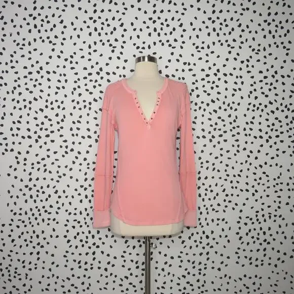 Free People Pink Military Mix Studded Henley Long Sleeve Top - Picture 3 of 12